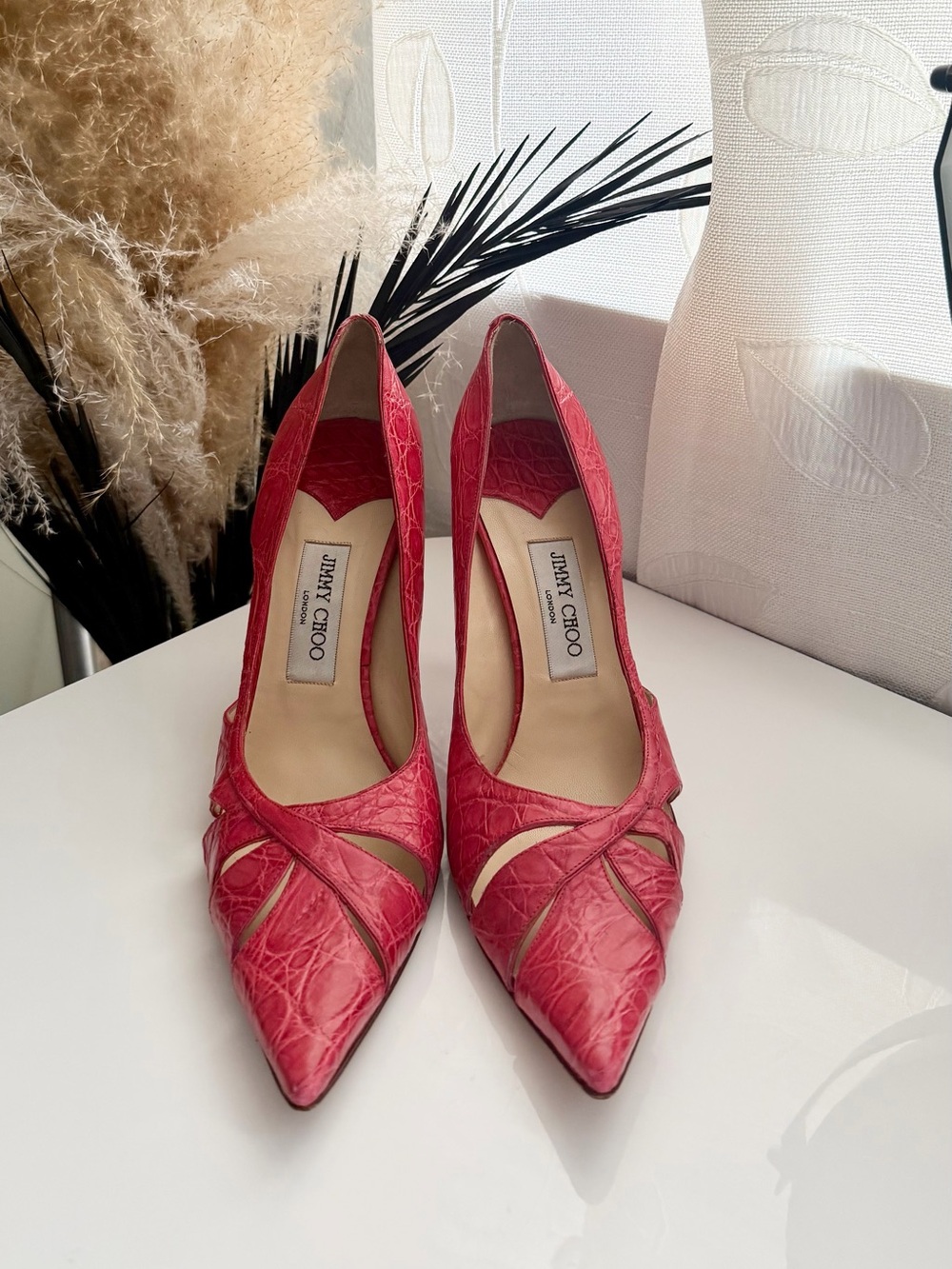Jimmy Choo Pink-Red Croc-Embossed Pointed-Toe Pumps